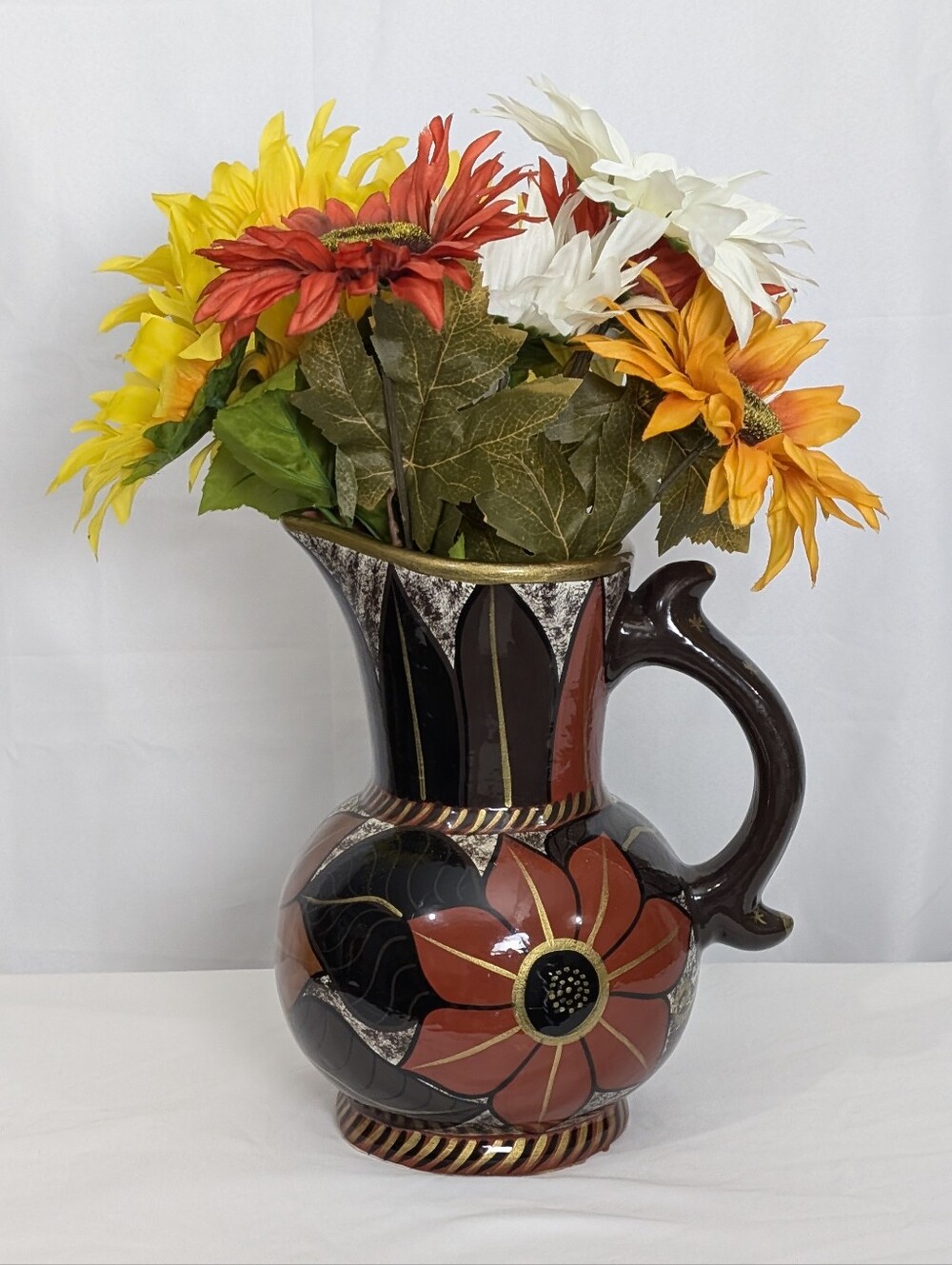 Vintage Postmodern Art Deco Floral Ceramic Pitcher Vase Black Gold